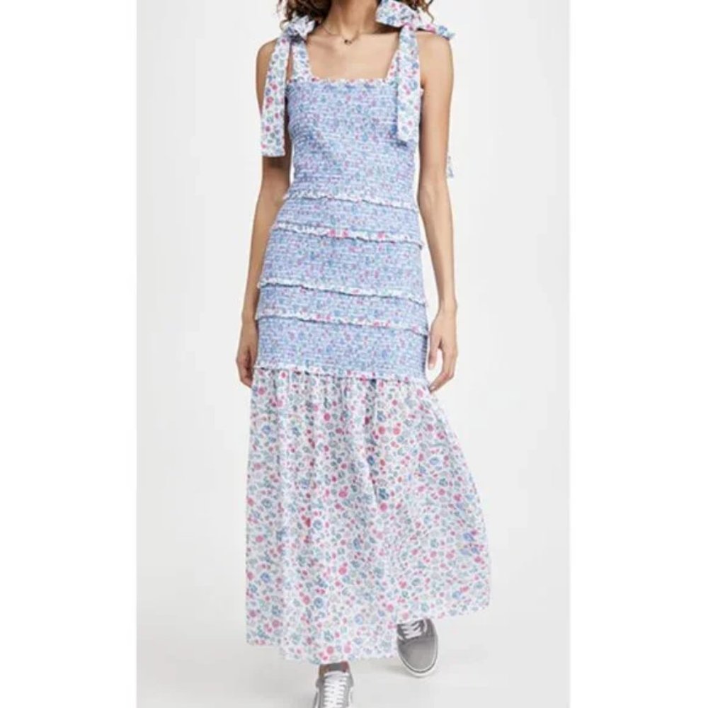 LoveShackFancy Blue and White Floral Maxi Dress